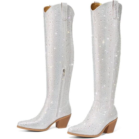 Women's Silver Rhinestone Cowboy Boots Sparkly Over the Knee High Pointed Toe - Picture 6 of 6